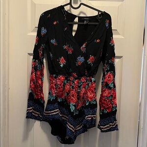 Hollister Black and Red Floral shorts Jumpsuit